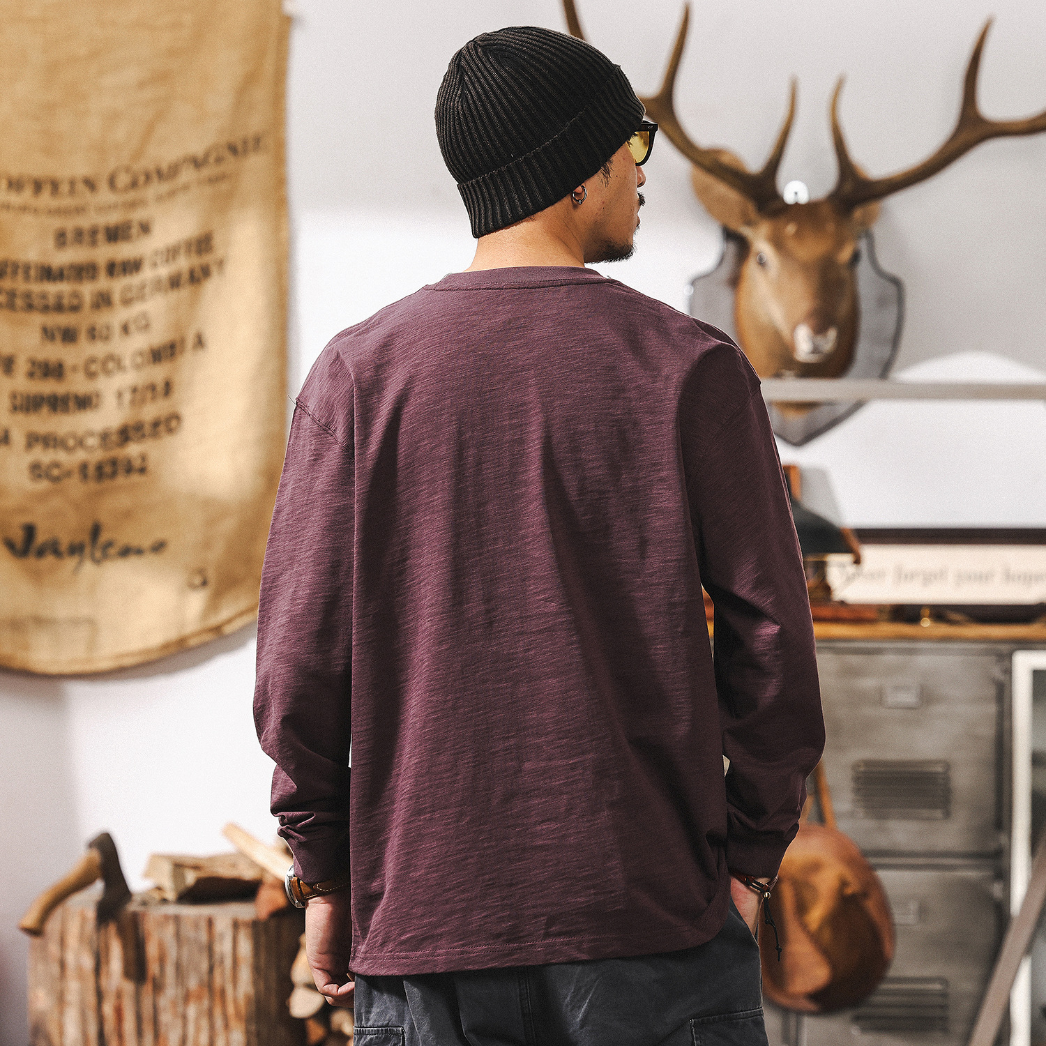 竹節肌理T恤男長袖春秋季2025新款多巴胺紫色寬鬆簡約男士上衣T潮