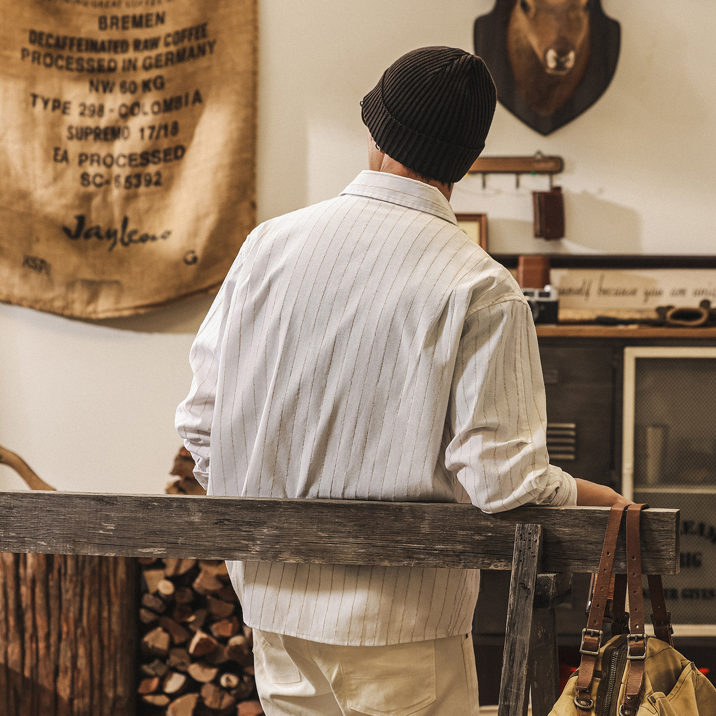 美式復古老錢風條紋襯衫男長袖春季男裝新款日系潮牌寬鬆休閒襯衣