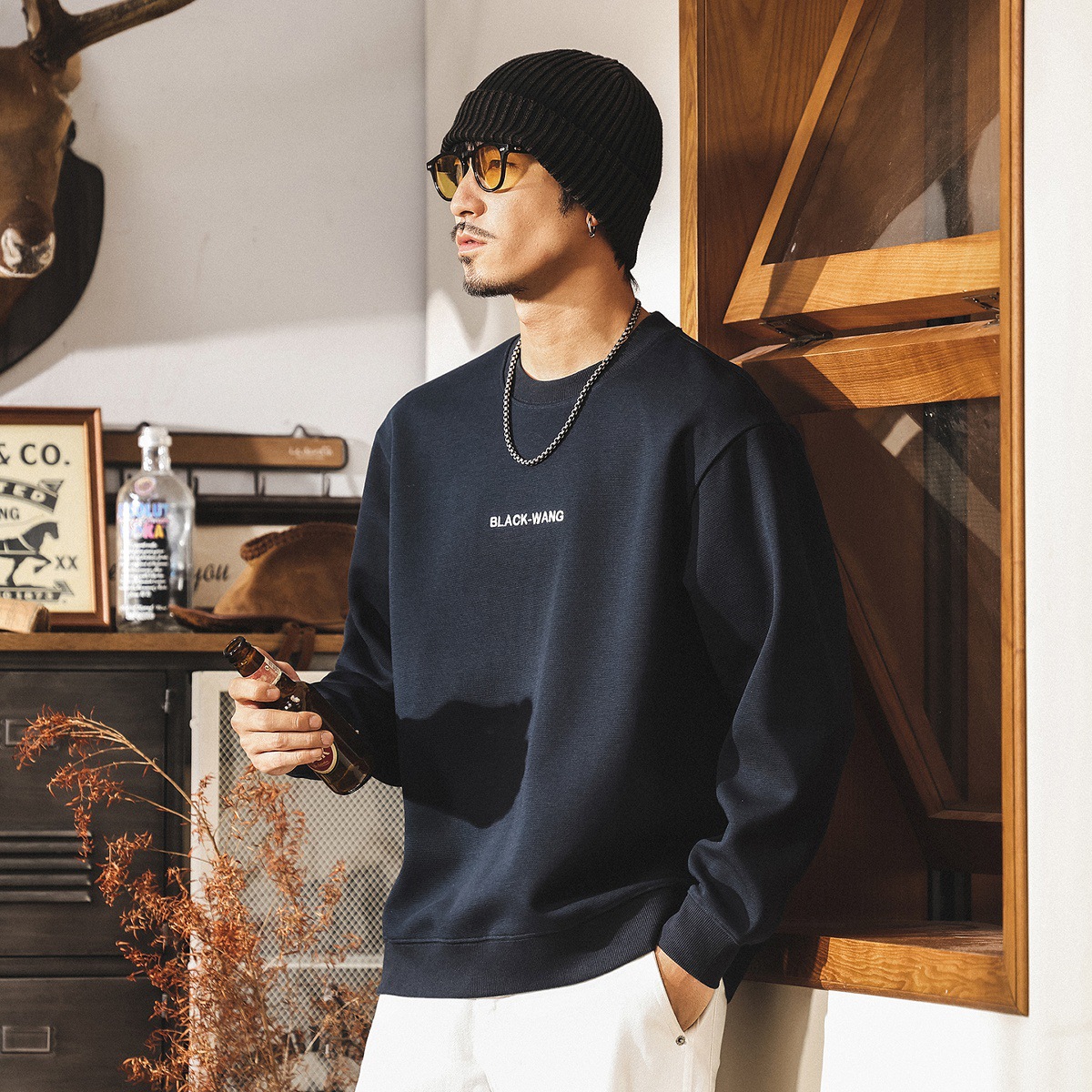 美式復古圓領衛衣男春秋2025新款寬鬆大碼重磅簡約百搭休閒上衣男