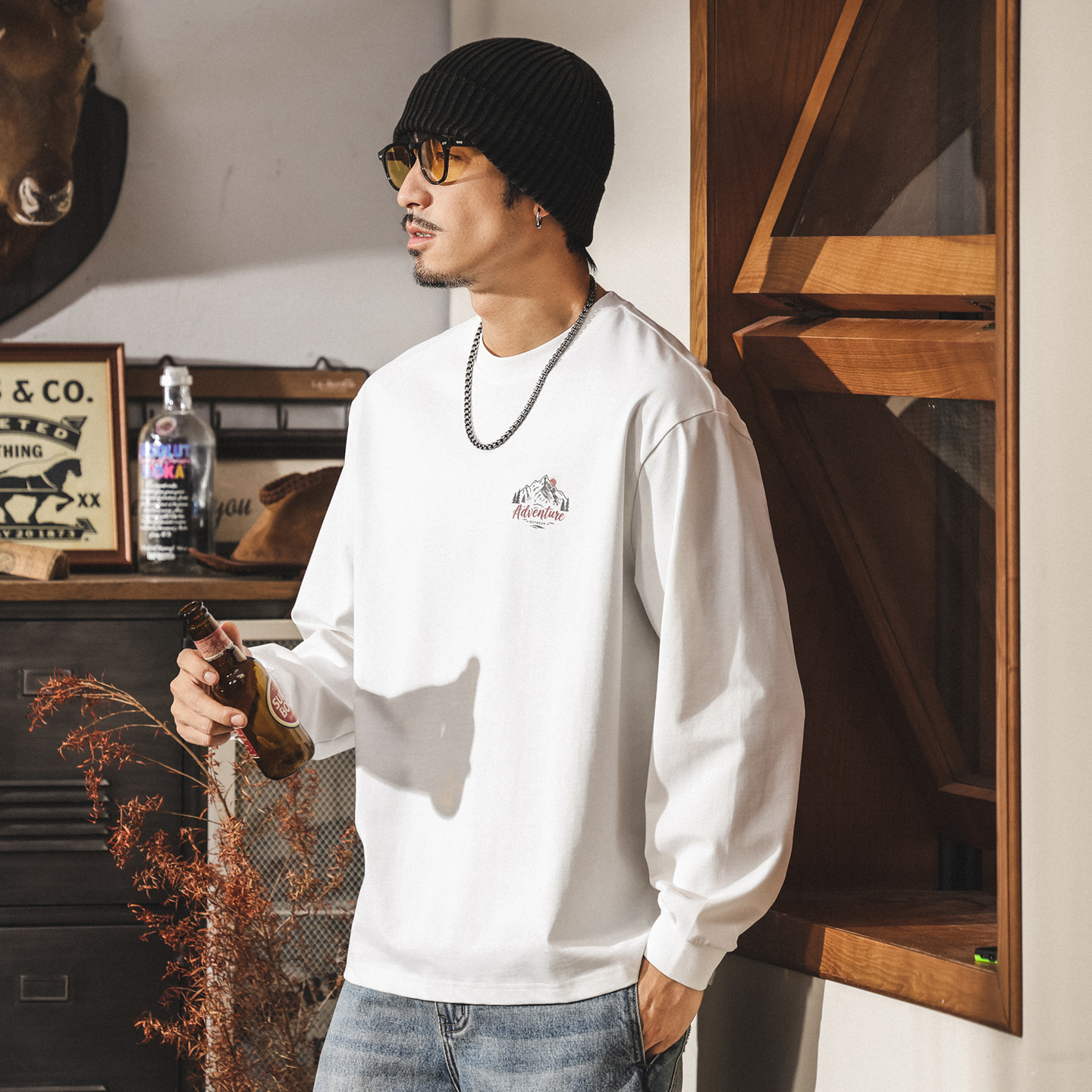 美式復古重磅長袖男t恤春秋潮牌新款山系男裝戶外印花寬鬆上衣男T