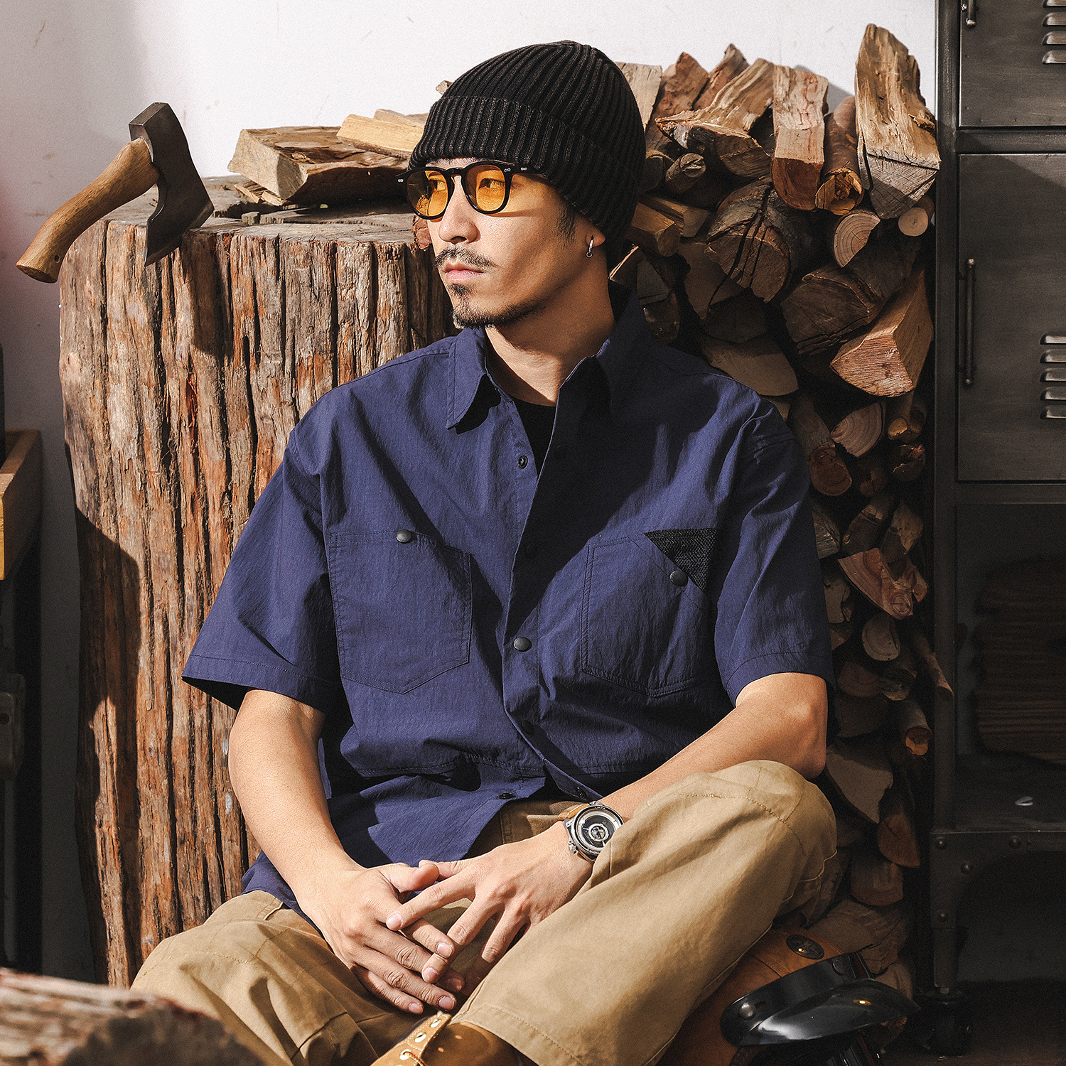 高級感60支棉錦山系戶外短袖襯衫男夏季潮牌美式復古撞色休閒襯衣