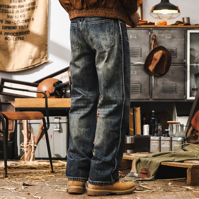 美式經典石磨做舊水洗牛仔褲男秋季寬鬆直筒長褲魚骨線設計褲子男