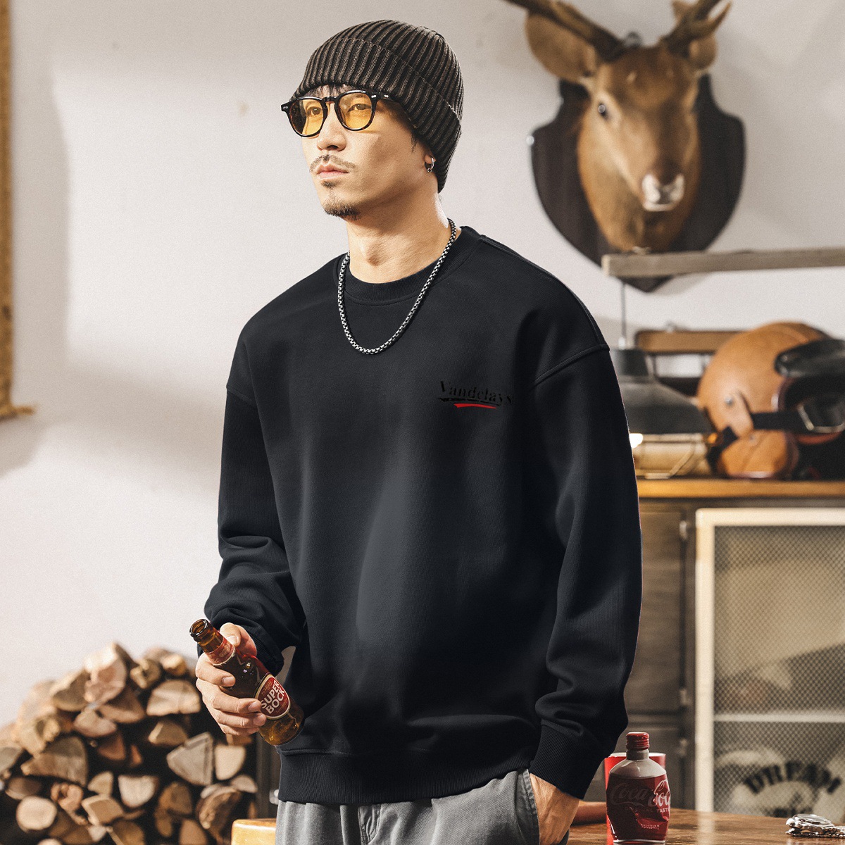 安可拉紅重磅圓領衛衣男春秋新款美式復古潮流髒染寬鬆大碼上衣男