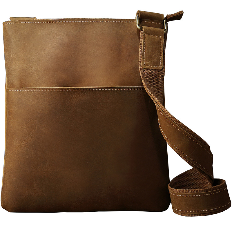 手工瘋馬皮男包單肩包男牛皮豎款簡約復古真皮單肩斜挎包男背包包