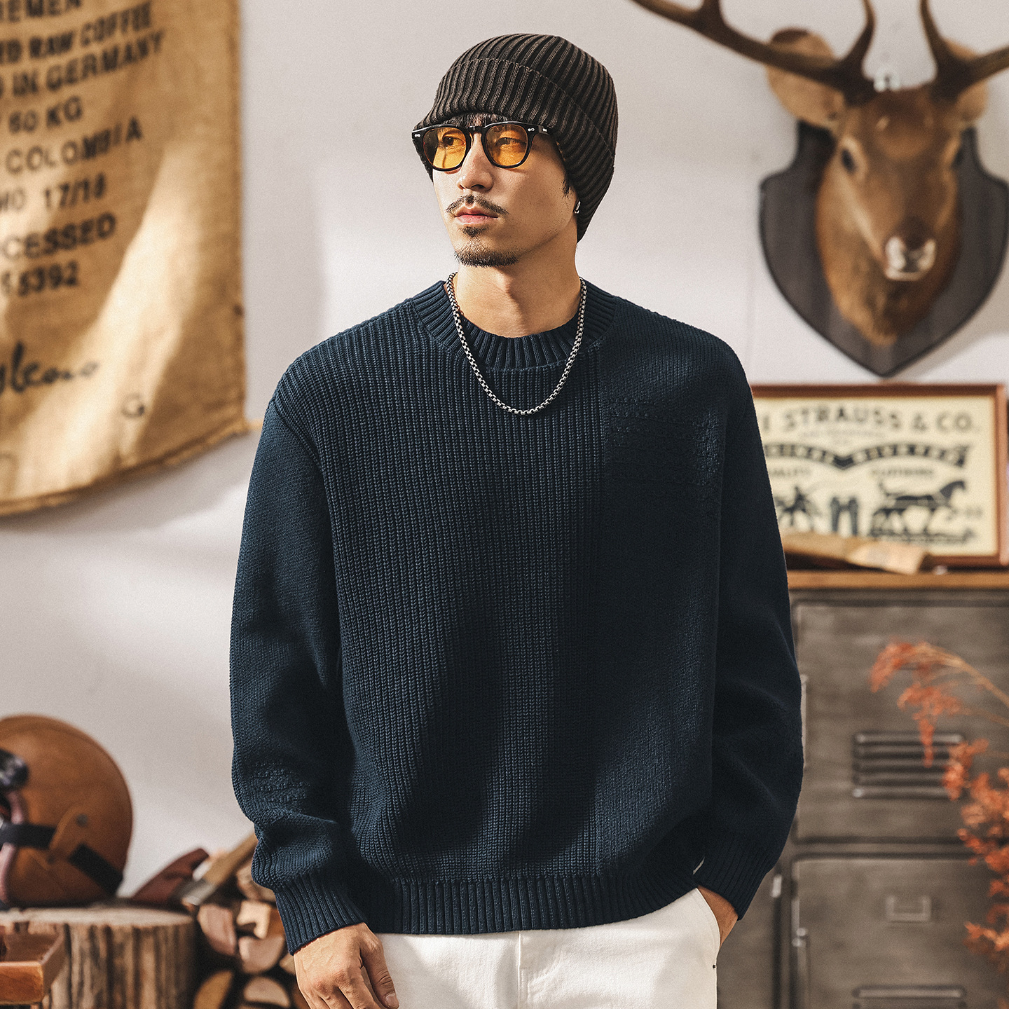 美式重磅復古毛衣男秋冬款慵懶風簡約基礎寬鬆秋季線衣男士針織衫