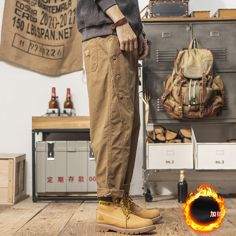 2024重磅排扣褲子設計款休閒褲春季男士寬鬆直筒潮流經典工裝長褲