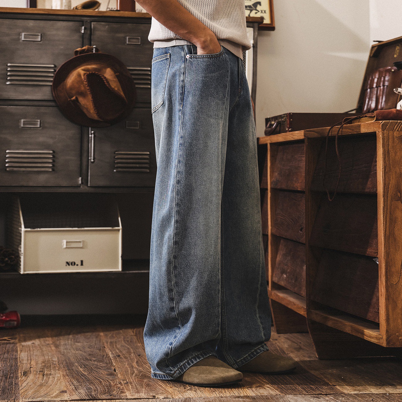美式復古春季牛仔褲男款2026新款潮牌寬鬆闊腿彎刀褲男生休閒長褲