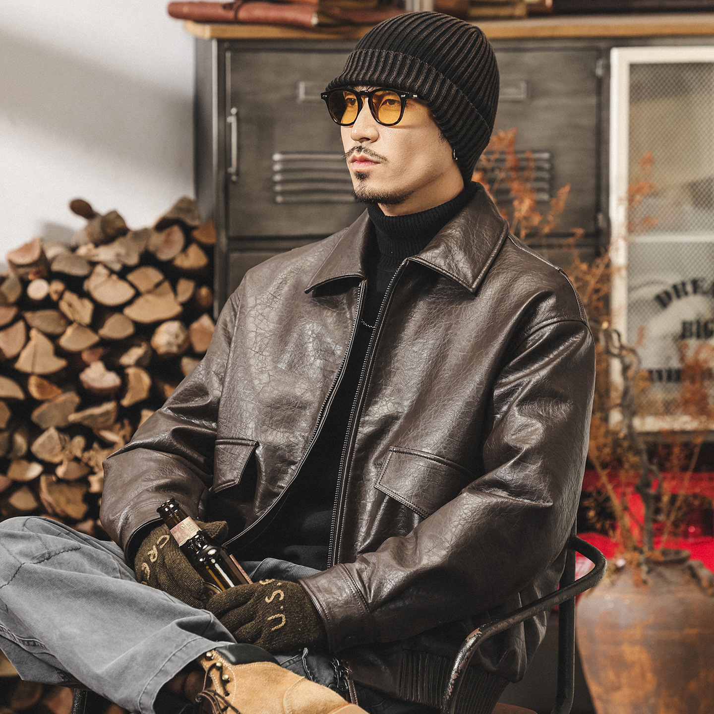 美式復古90%鴨絨加厚羽絨服男冬季加厚保暖潮流帥氣機車皮衣外套