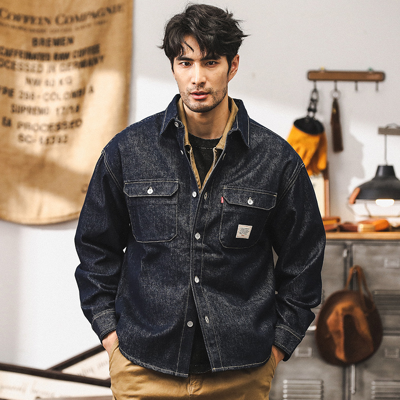 美式經典復古丹寧原色水洗牛仔外套男春秋款寬鬆休閒工裝襯衫夾克
