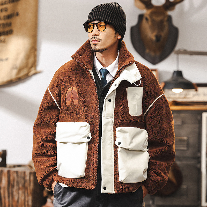 美式復古羊羔絨外套男冬季短款連帽羽絨服男款冬天加厚男士派克服