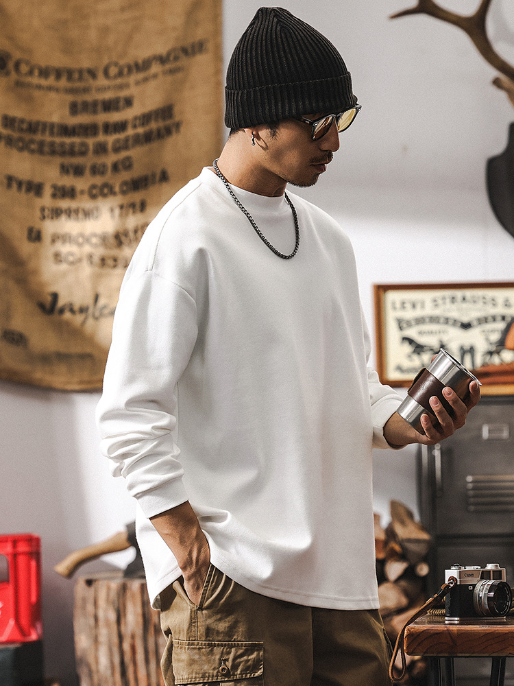 美式復古300g重磅磨毛長袖T恤男春季2025新款寬鬆簡約白色衛衣男