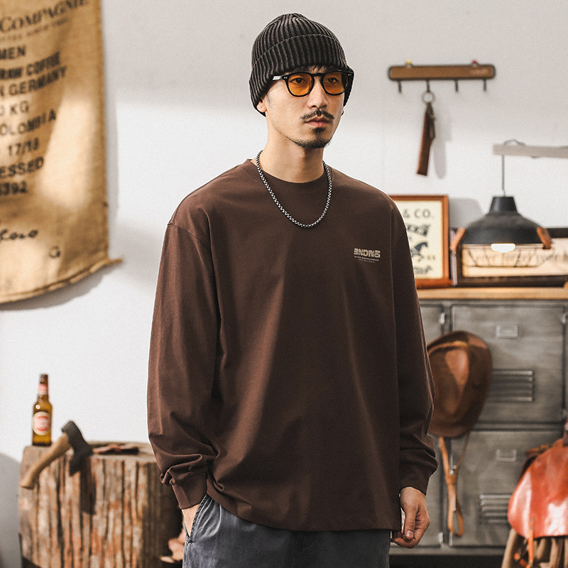 美式復古32支雙紗精梳棉長袖T恤男秋季潮牌300g重磅寬鬆上衣