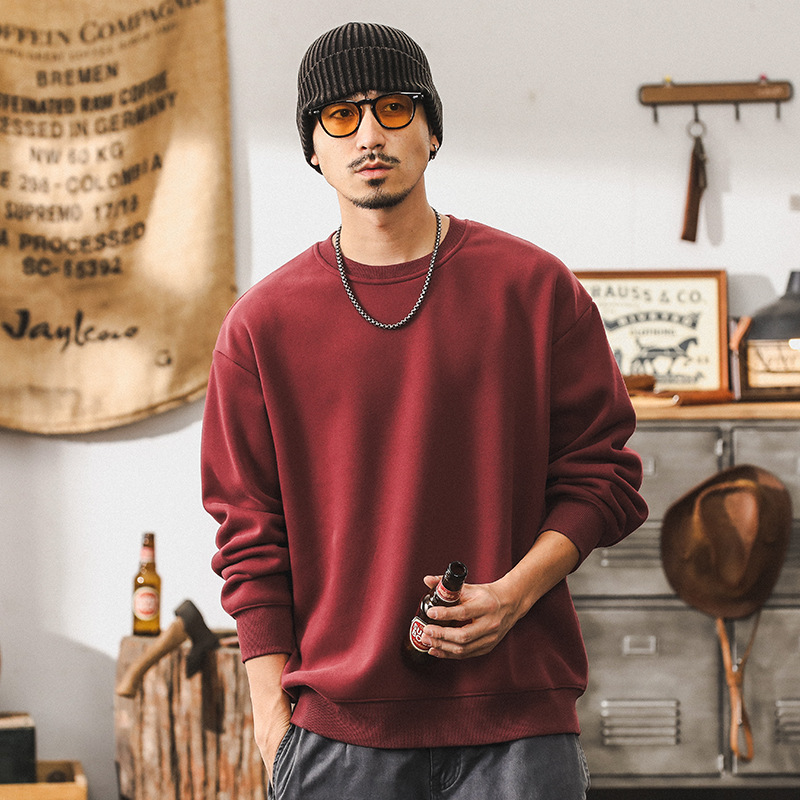 美式復古360g重磅衛衣男秋冬款潮牌寬鬆簡約男士痞帥棗紅色上衣男