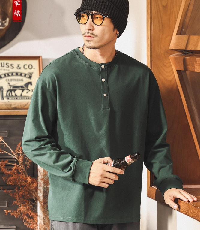 美式復古亨利領t恤男長袖秋季2025新款潮流上衣男寬鬆休閒polo衫