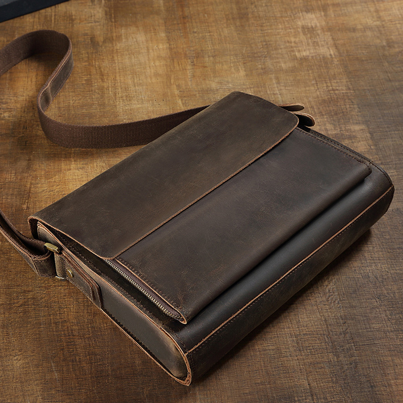 原創瘋馬皮單肩包男橫款方形真皮男包斜挎包牛皮郵差包休閒男包包