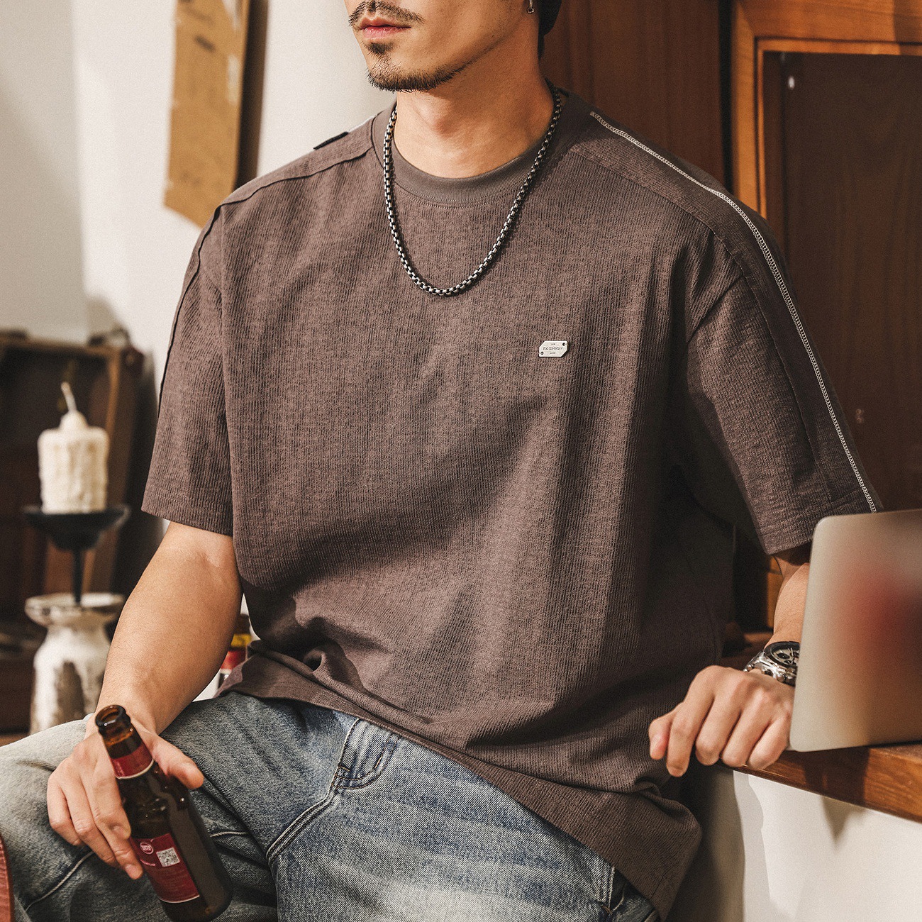 美式復古男士短袖T恤夏季2026新款拼接肌理潮流寬鬆休閒半袖體恤