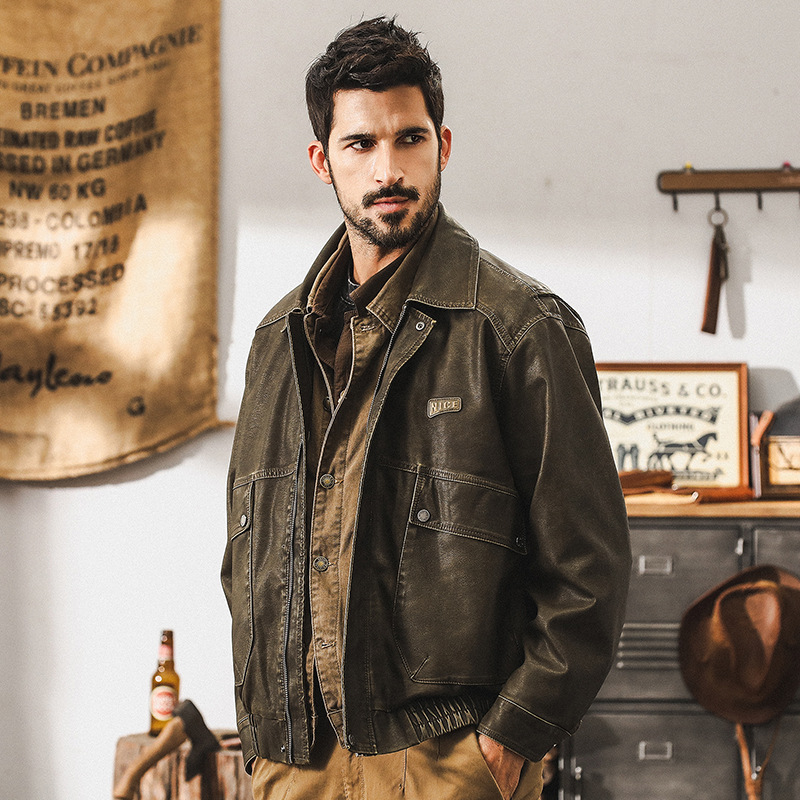 美式復古皮衣外套男秋季2024新款寬鬆工裝皮夾克男硬漢痞帥機車服
