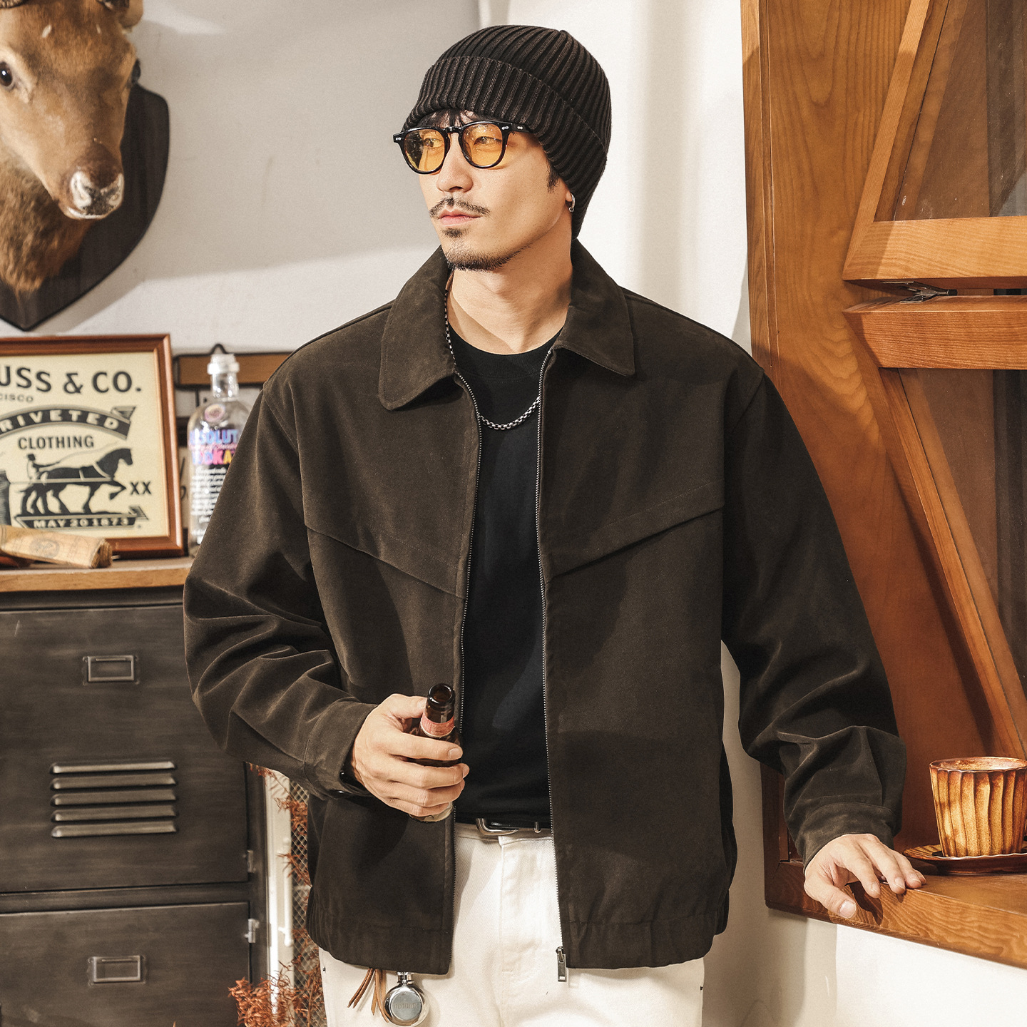 美拉德復古工裝外套男秋春2025新款潮牌潮流帥氣寬鬆反絨皮夾克男