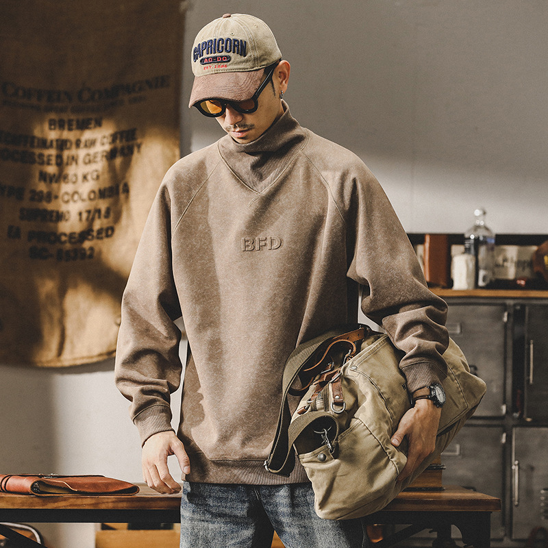 杰雷諾美式重磅衛衣男秋冬款高領紮染復古立體鋼印加絨外套男冬季