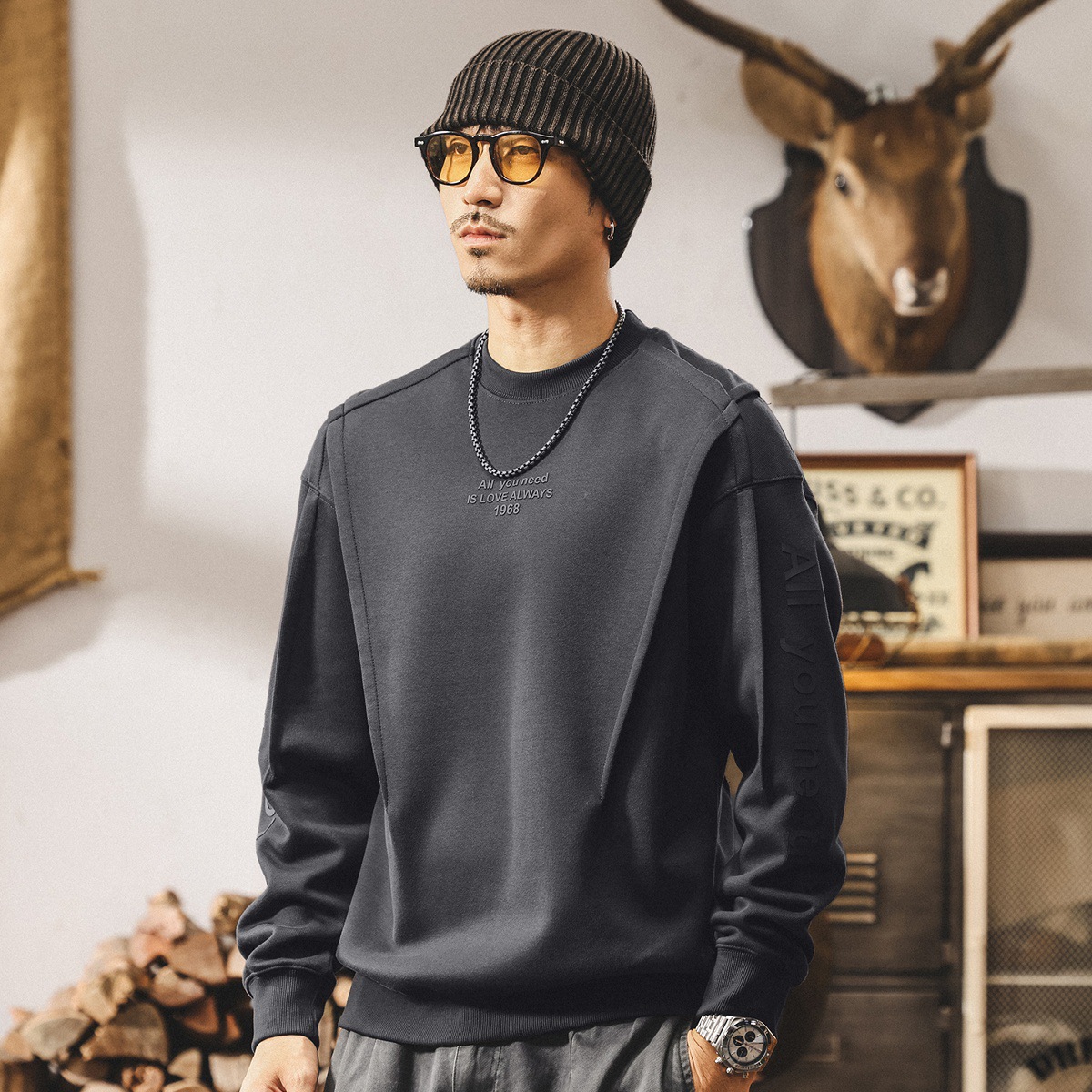 美式復古廓形重磅衛衣男春秋新款潮牌設計感結構寬鬆大碼男士上衣