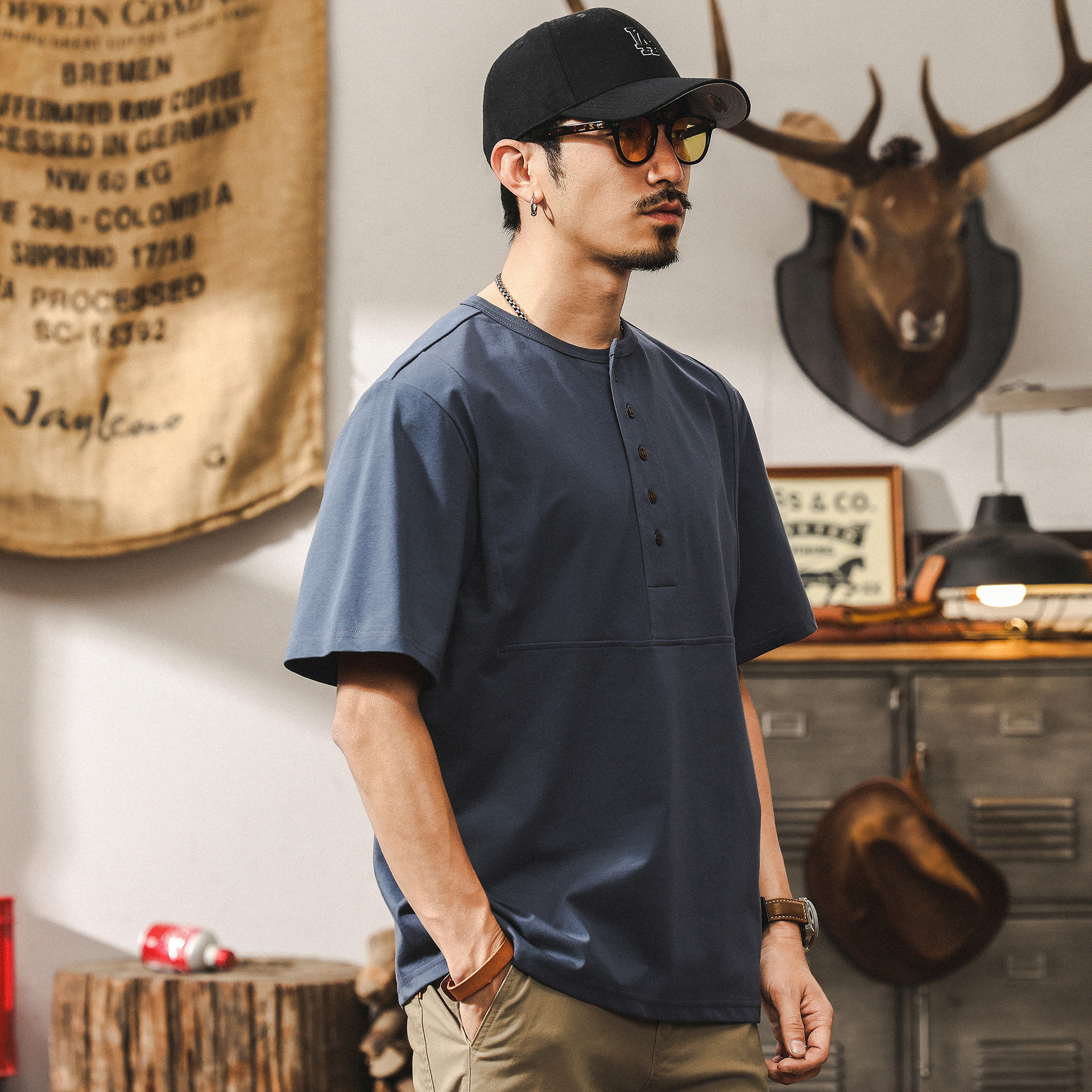 美式復古重磅T恤男夏季短袖寬鬆2025新款潮流硬漢亨利領Polo衫男