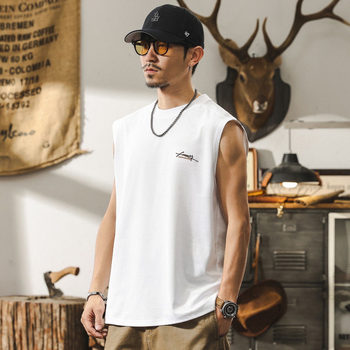 冰絲網眼運動休閒健身背心男款夏季潮牌寬鬆無袖T恤男裝坎肩上衣