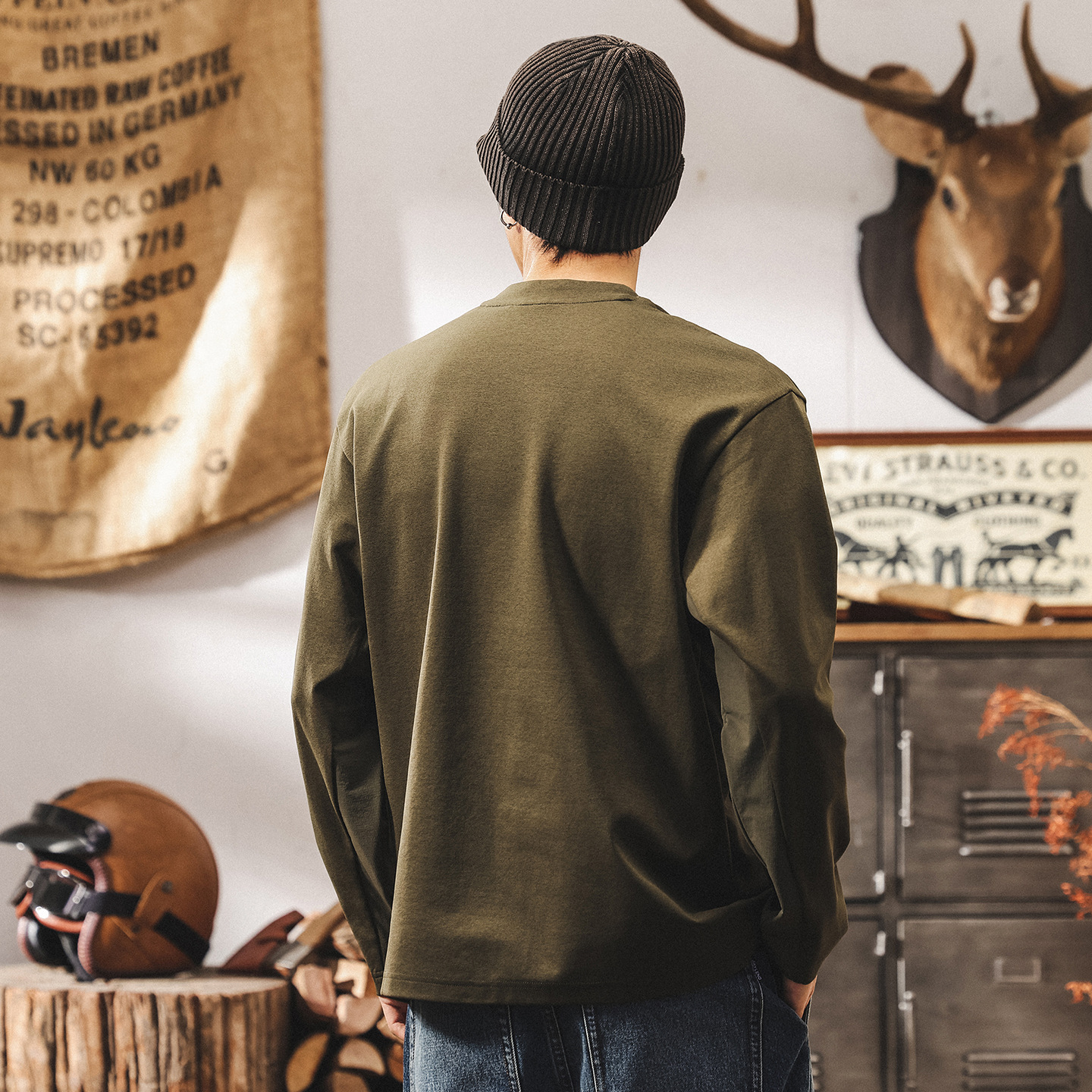 美式復古軍綠色t恤男長袖春秋新款潮牌拼接城市戶外速幹男士上衣