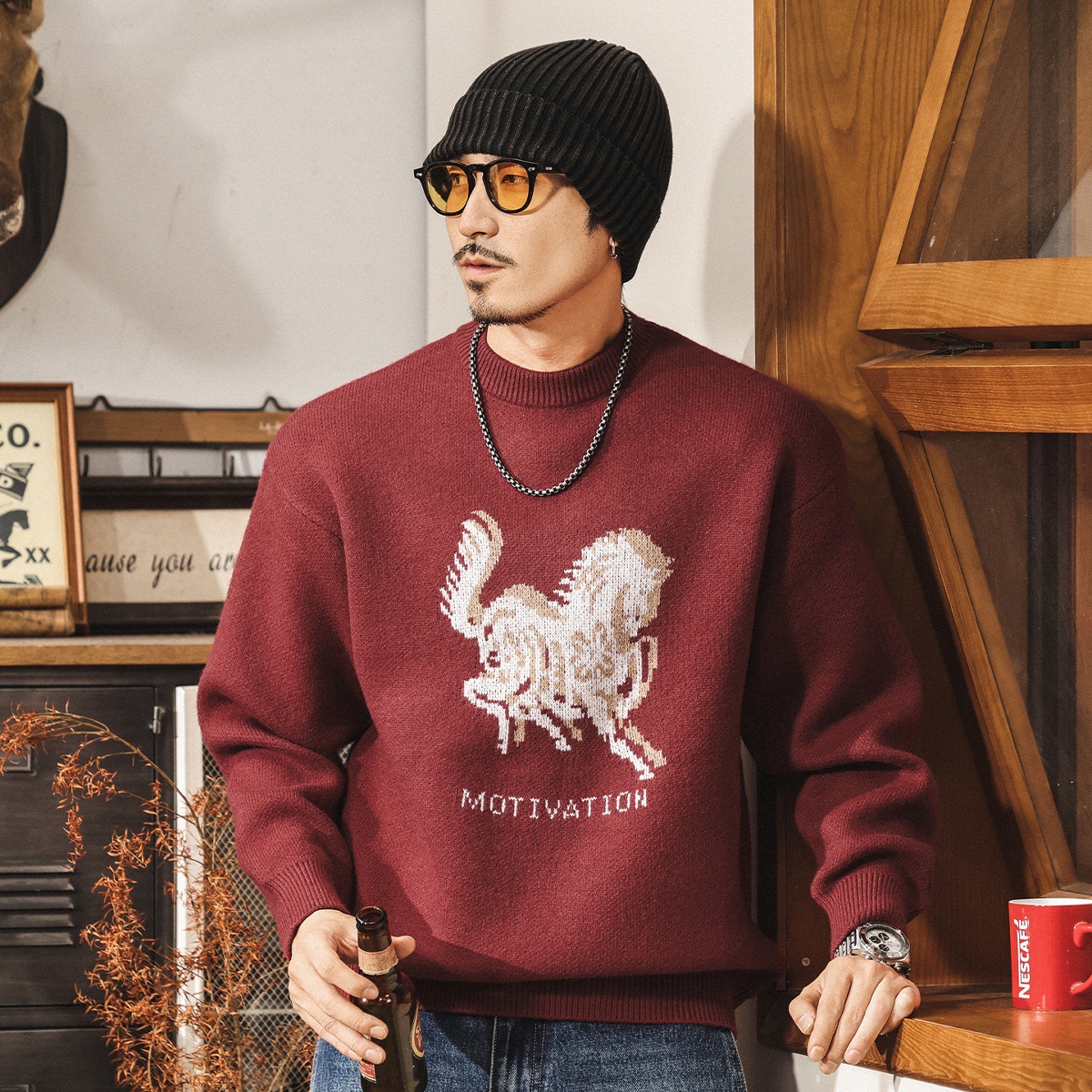 美式復古重磅絨感紅色毛衣男款冬季加厚保暖毛線衣寬鬆男士針織衫