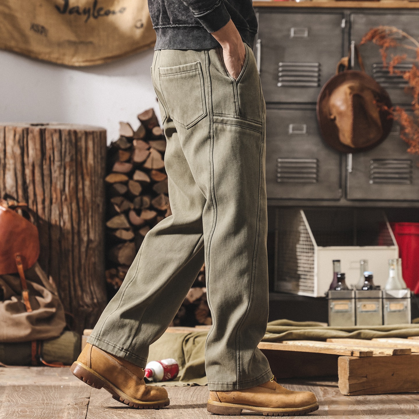 美式復古重磅工裝褲子男款加絨加厚冬季男士褲子直筒寬鬆休閒長褲