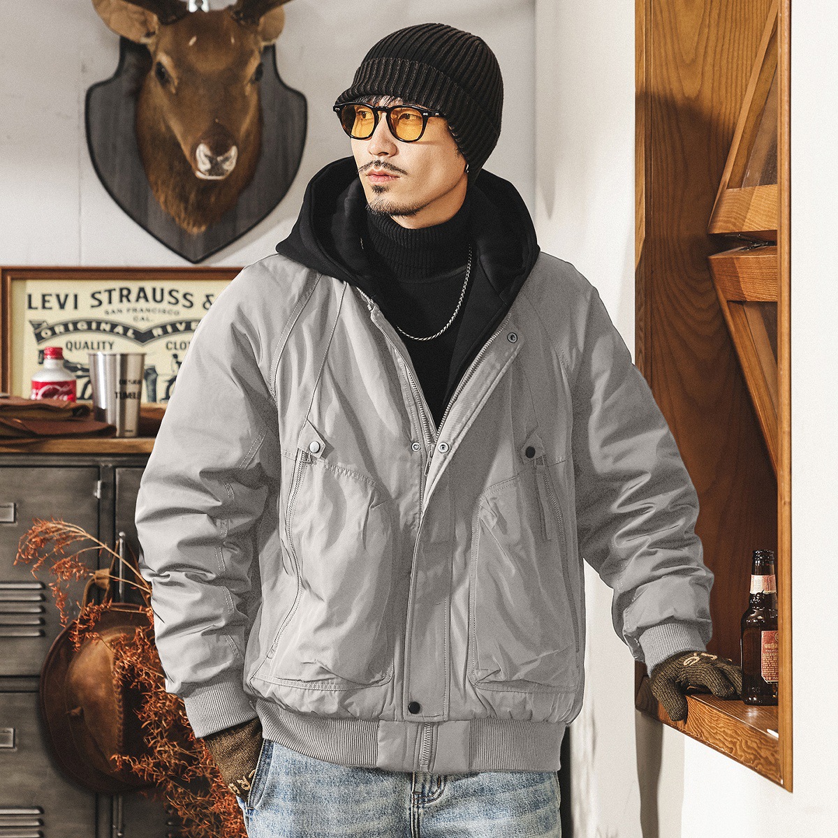 美式復古假兩件工裝羽絨服男冬季加厚90%白鴨絨禦寒保暖連帽外套