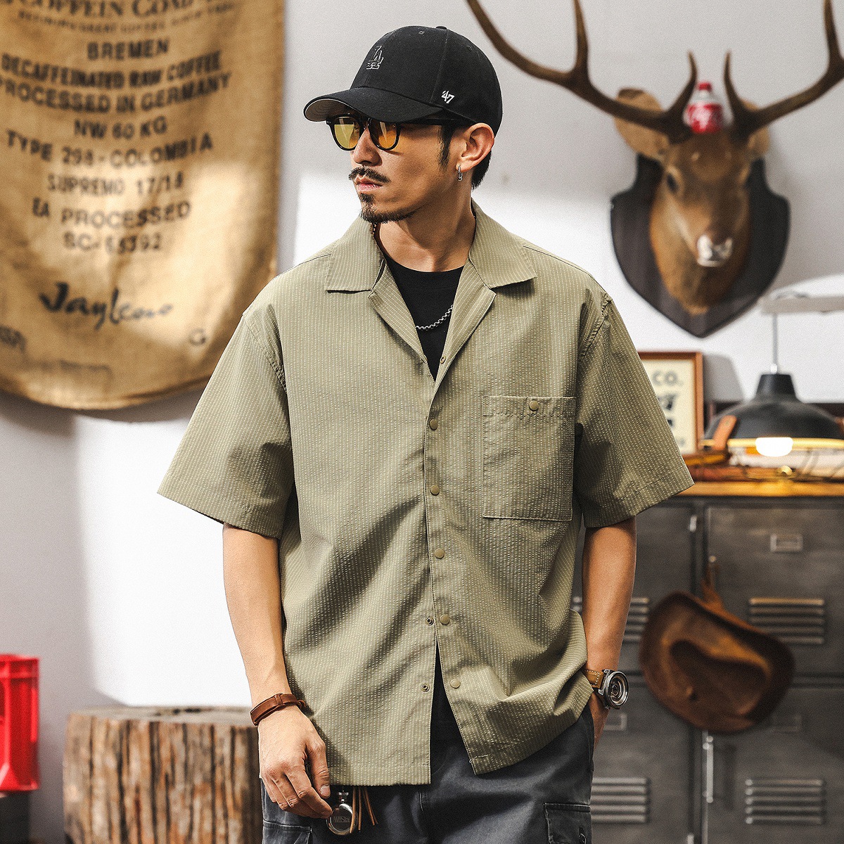 【零壓智能速幹】古巴領襯衫男夏季短袖薄款涼感山系美式復古襯衣