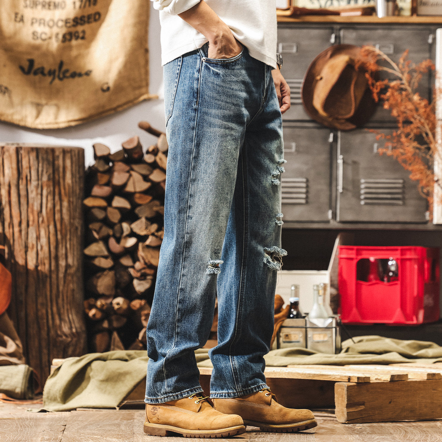 美式復古直筒牛仔褲男春季新款破洞潮牌男裝褲子男寬鬆水洗休閒褲