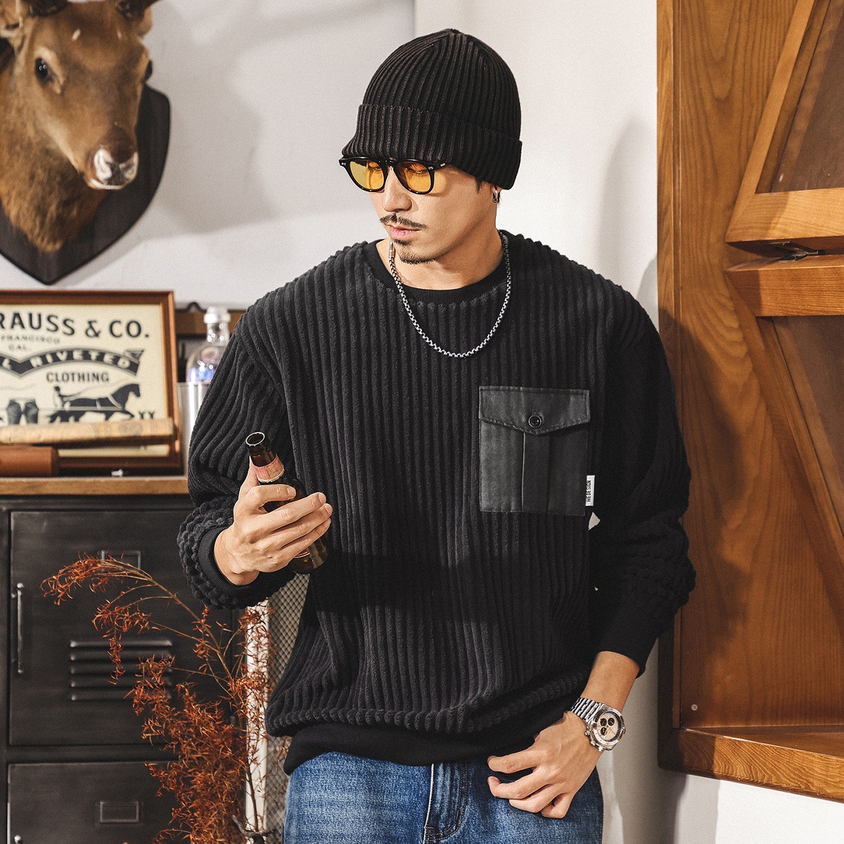 美式復古重磅燈芯絨男士衛衣春秋新款潮流條絨寬鬆大碼男裝秋上衣