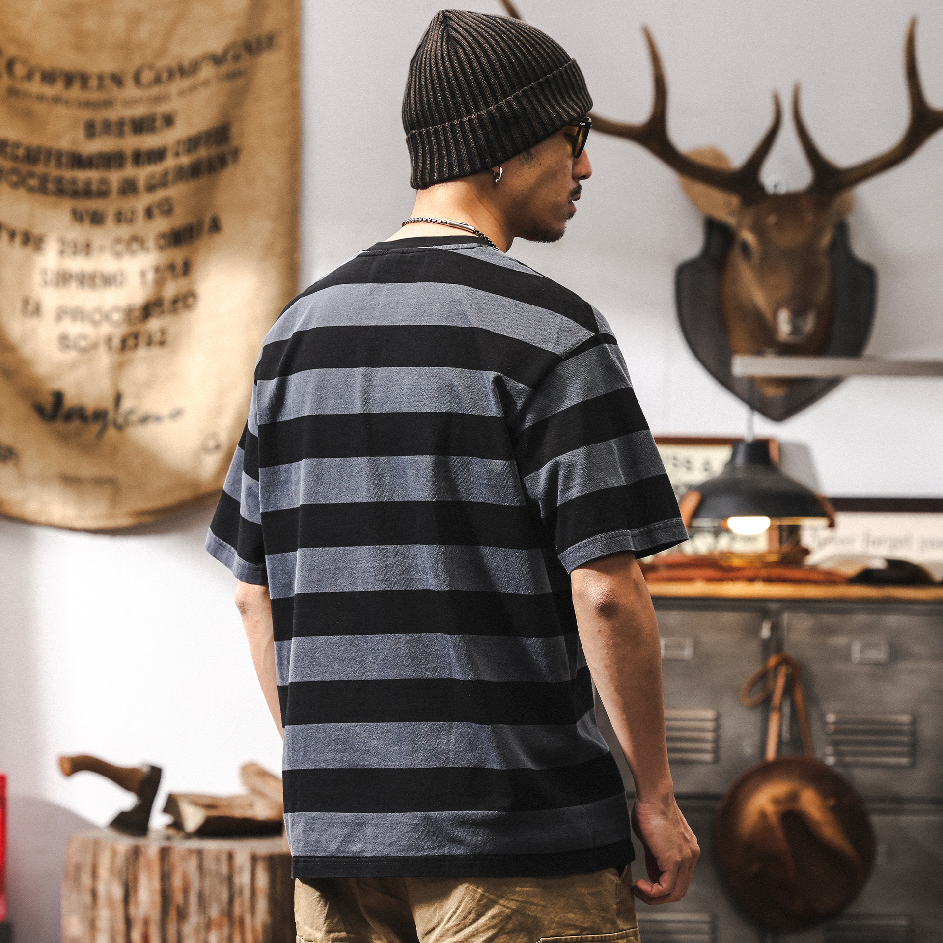 32支雙紗做舊炒砂水洗條紋短袖男T恤夏季美式復古潮流休閒上衣男T