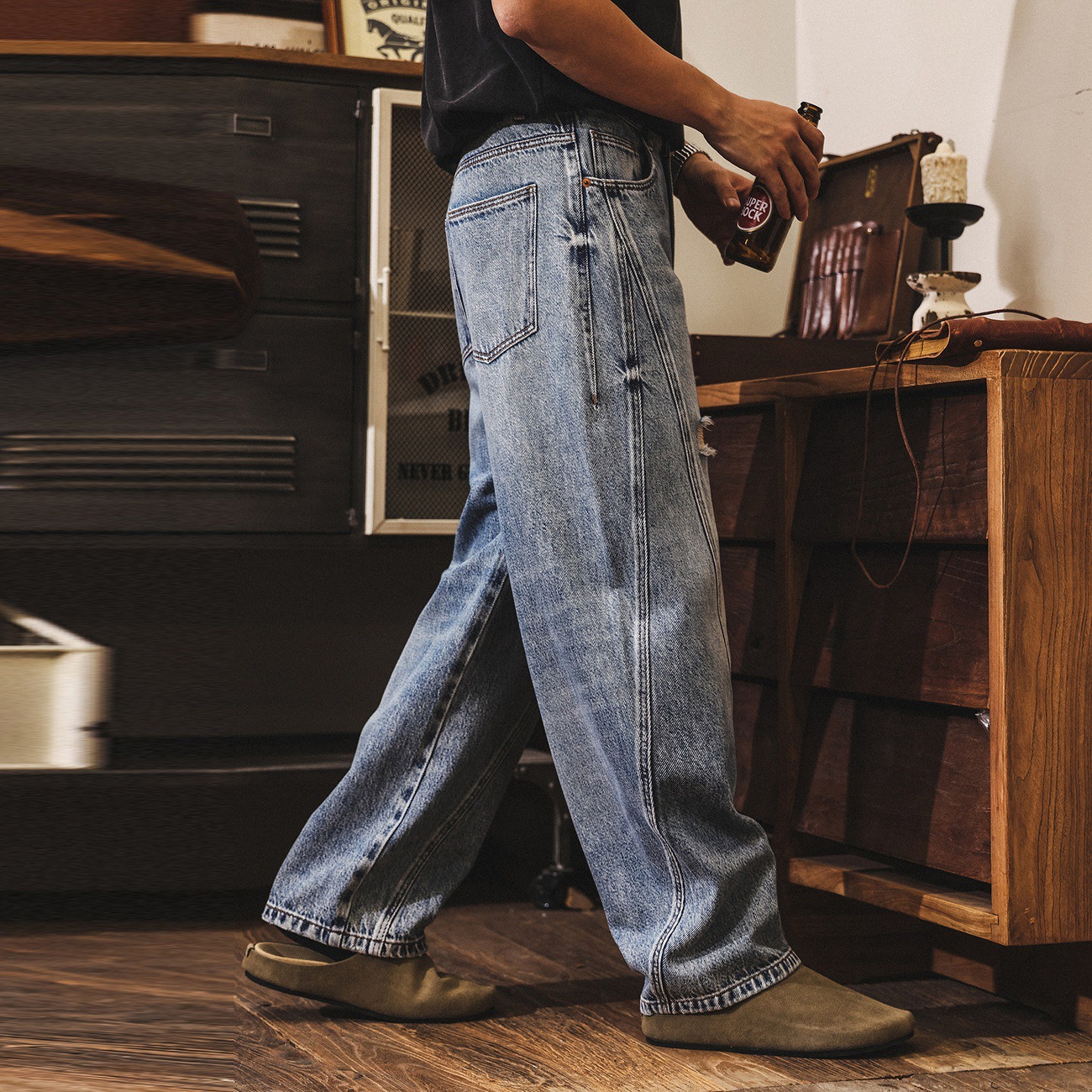 美式復古破洞牛仔褲男春季潮牌重水洗闊腿褲寬鬆直筒休閒彎刀褲男