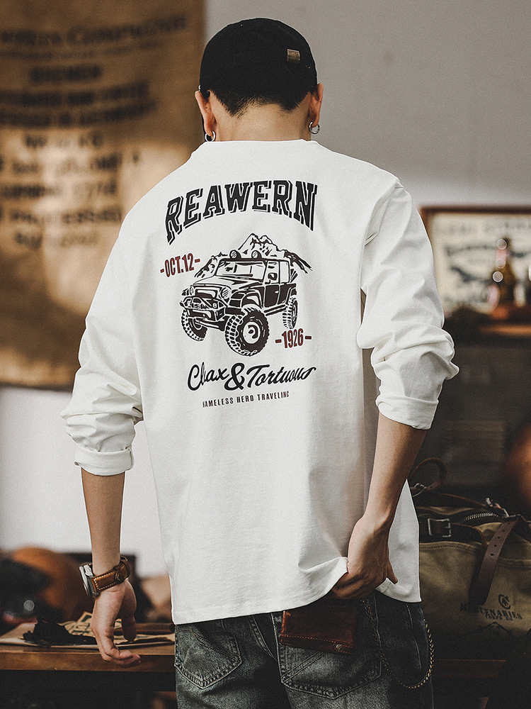 美式260g重磅T恤男長袖男士春季潮牌男裝寬鬆上衣印花打底衫