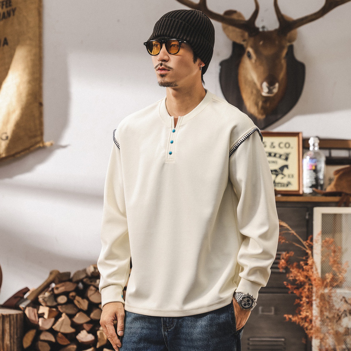 美式復古亨利領衛衣男春秋新款潮流設計感長袖男t恤寬鬆休閒上衣