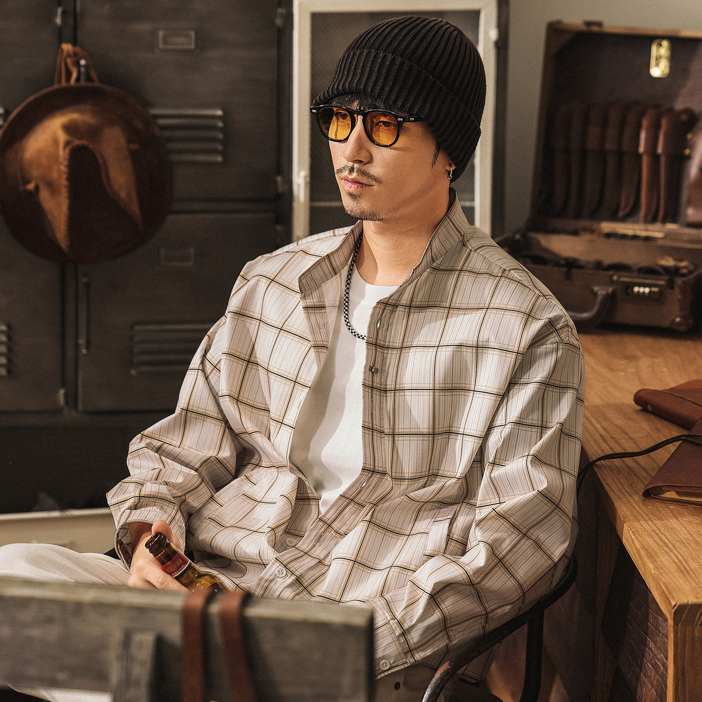 美式復古假兩件格子襯衫外套男春季潮流寬鬆長袖襯衣男士休閒夾克