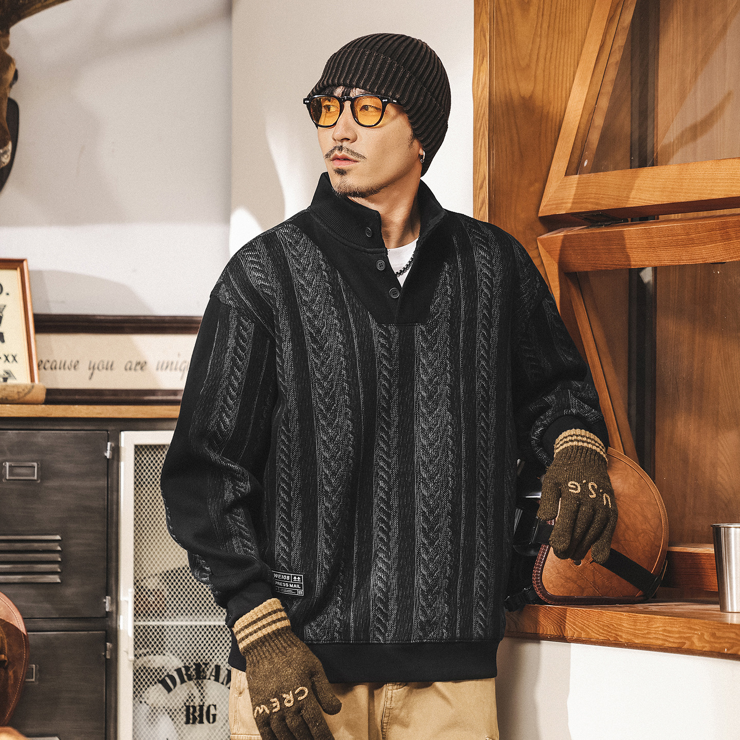 美式復古重磅半高領衛衣男款春秋潮牌寬鬆新款秋冬輕熟男士上衣潮