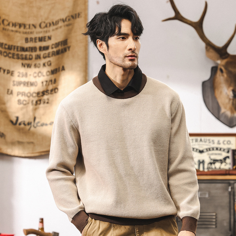 美式復古假兩件針織衫男冬季加厚保暖毛衣2024新款格雷系秋冬外套