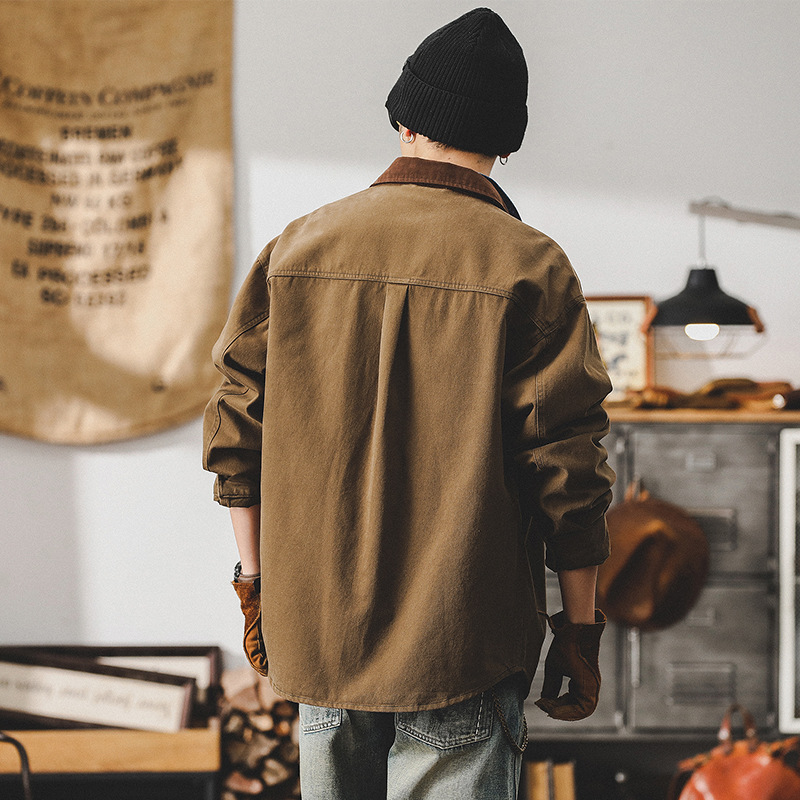 美式經典復古賽洛紡工裝襯衫男長袖戶外硬漢獵裝教練休閒夾克外套