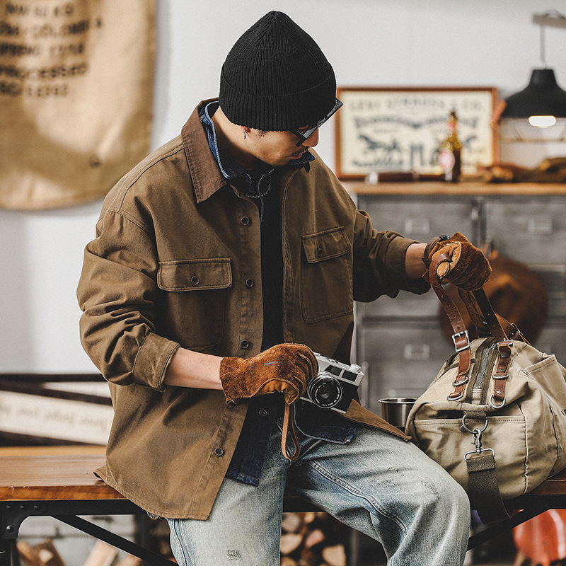 美式經典復古賽洛紡工裝襯衫男長袖戶外硬漢獵裝教練休閒夾克外套