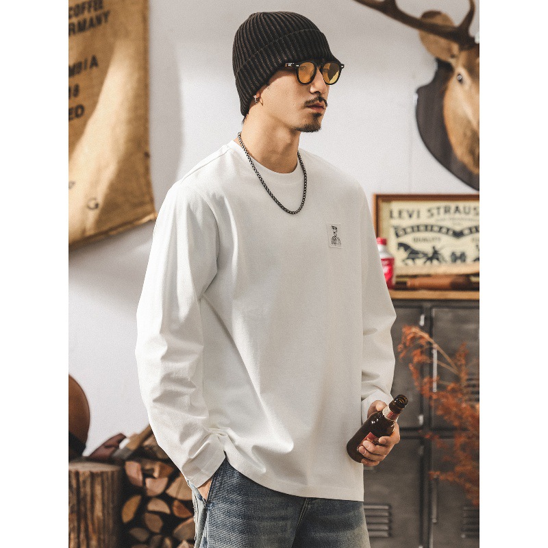 美式復古重磅長袖t恤男2025秋季新款寬鬆簡約潮牌男裝白色上衣男T