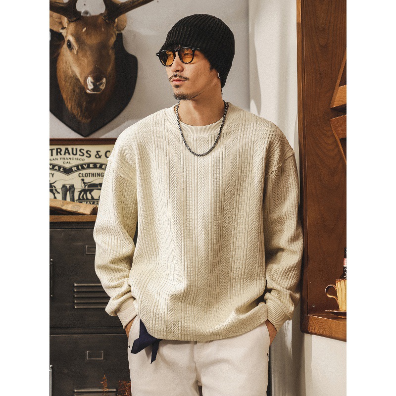 美式復古重磅t恤男長袖秋季潮牌空氣層衛衣男春秋寬鬆針織衫外套