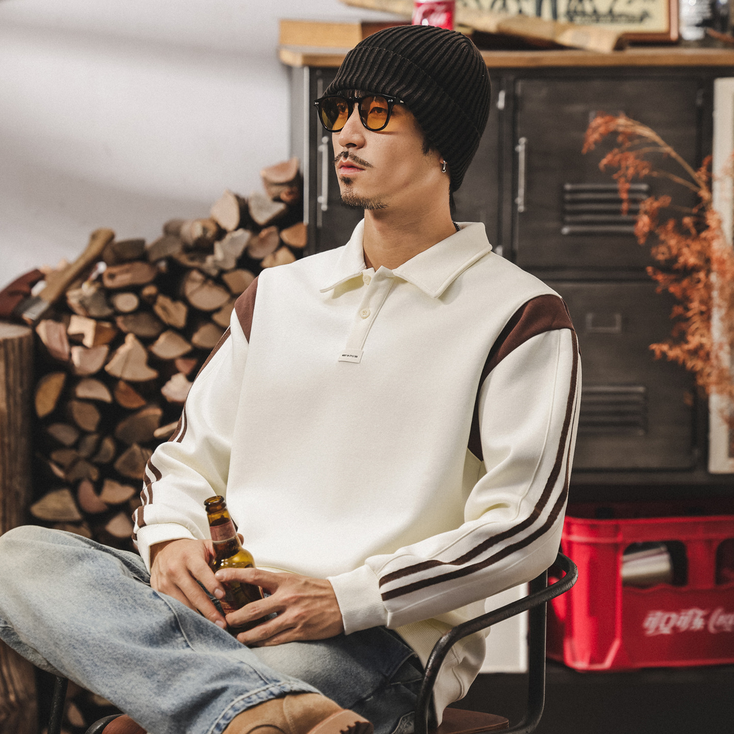 美式復古Polo領衛衣男春秋2025新款潮牌撞色拼接寬鬆休閒男士上衣