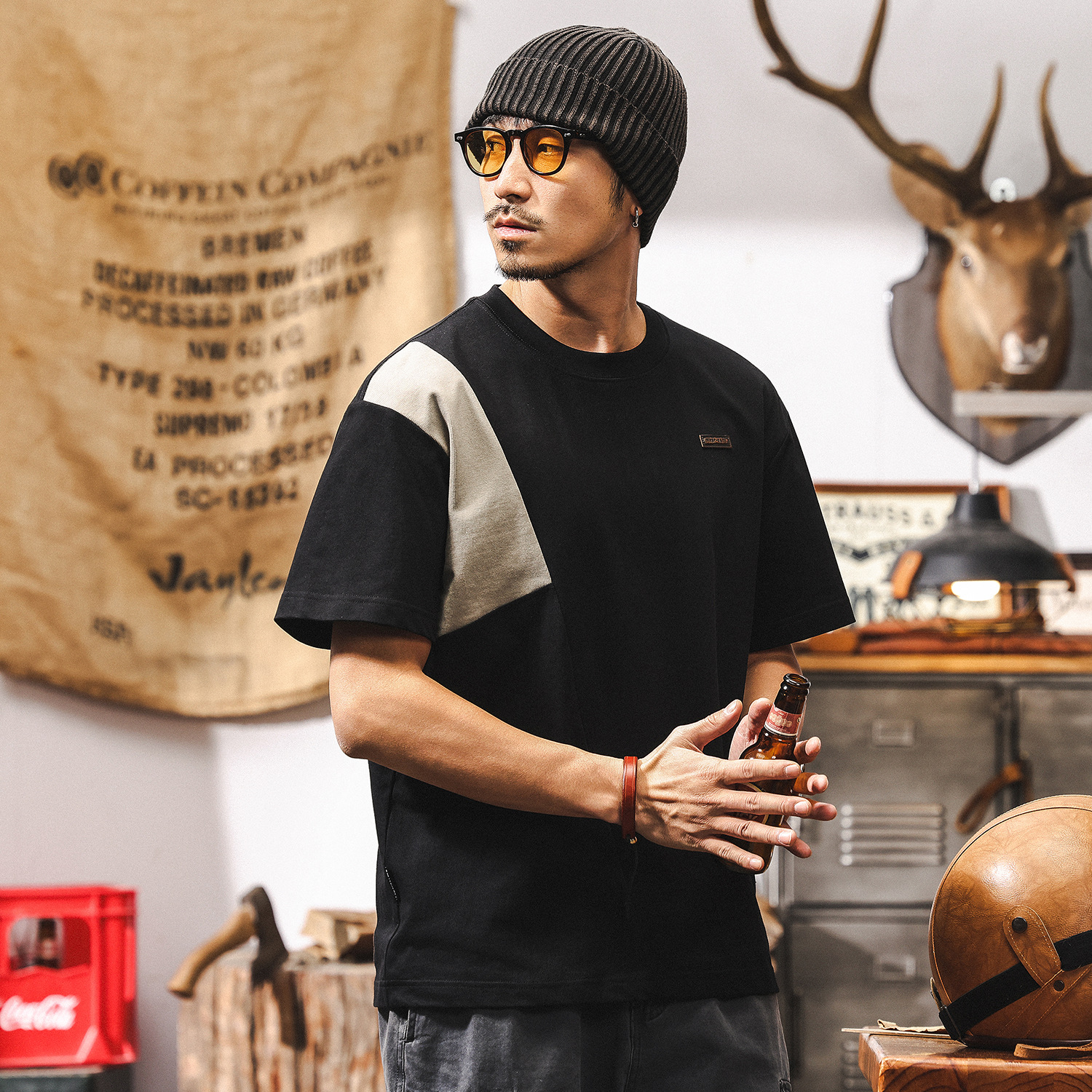 美式潮牌拼接撞色肌理感T恤男夏季短袖時尚潮流寬鬆半袖男士上衣