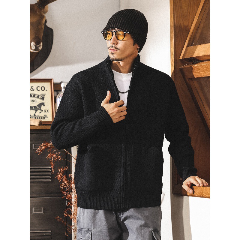 美式復古慵懶風立領開衫毛衣男春秋新款寬鬆拉鍊針織衫外套男秋冬