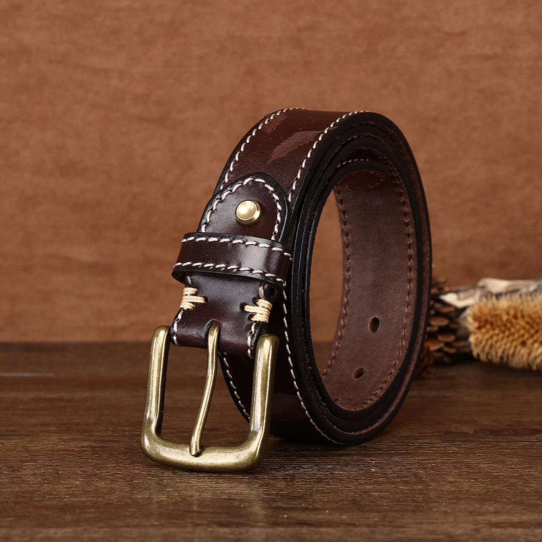 3.4CM男女腰帶激光雕刻復古頭層牛皮皮帶個性銅釦休閒腰帶