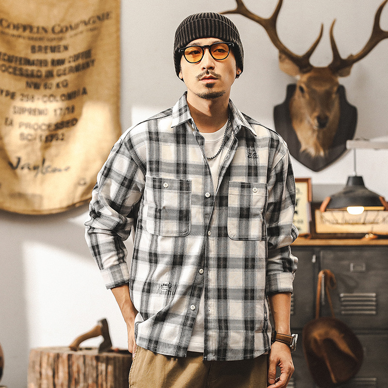 美系復古重磅工裝格子襯衫男秋季新款潮牌痞帥破洞戰損襯衣外套男