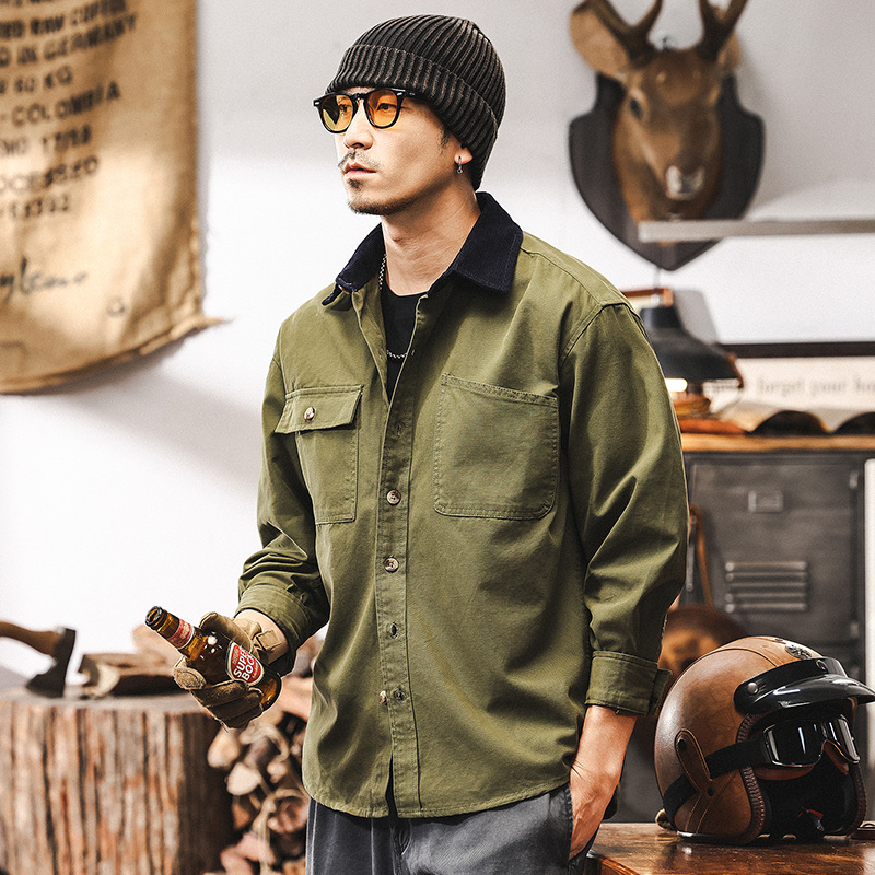 16支磨毛工裝襯衫男春季2025新款美式復古戶外阿美咔嘰襯衣男